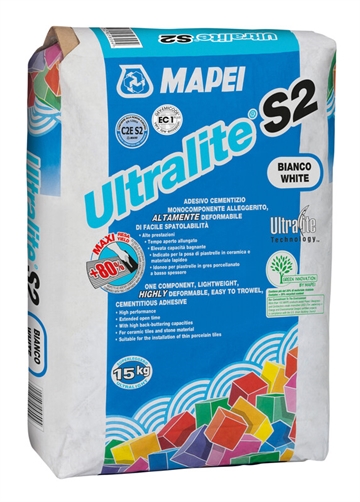 Mapei Ultralite S2 15 kg. Grå, En-komponent, cementbaseret, fleksibel, letvægtsklæbemasse 